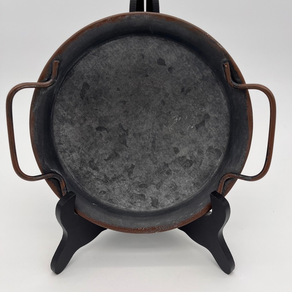 Rustic Galvanized Metal Round Tray with Copper Trim and Handles Farmhouse Decor